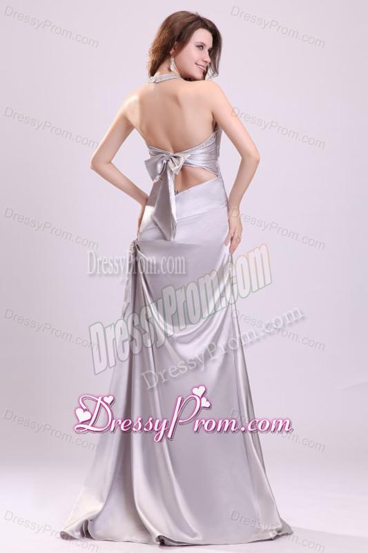 Column Gray Ruching Beading Halter Top Floor-length Prom Dress