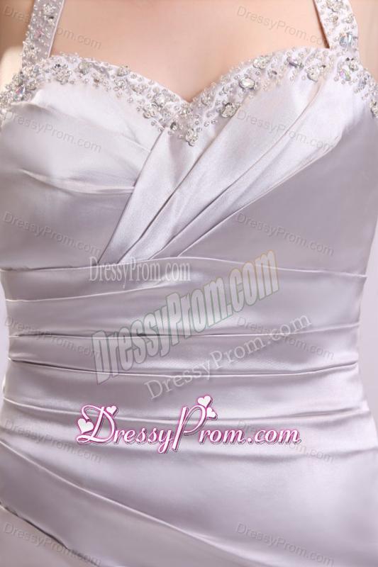 Column Gray Ruching Beading Halter Top Floor-length Prom Dress