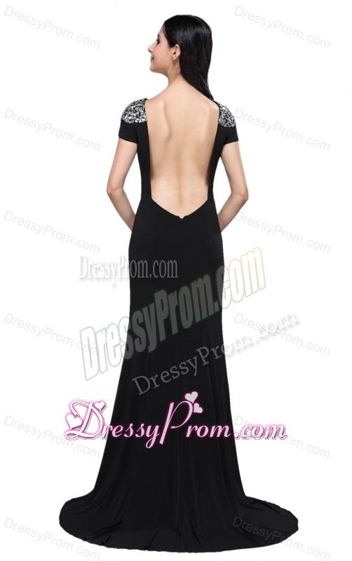 Column Scoop Cap Sleeves High Slit Brush Train Beading Prom Dress