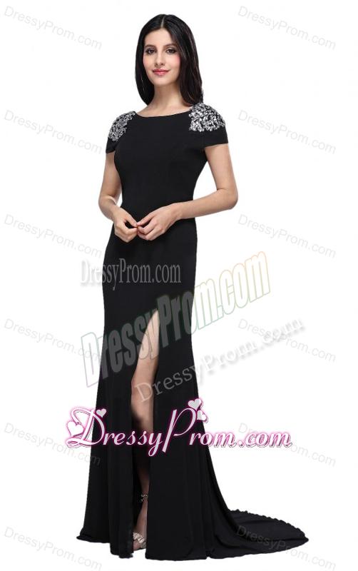 Column Scoop Cap Sleeves High Slit Brush Train Beading Prom Dress