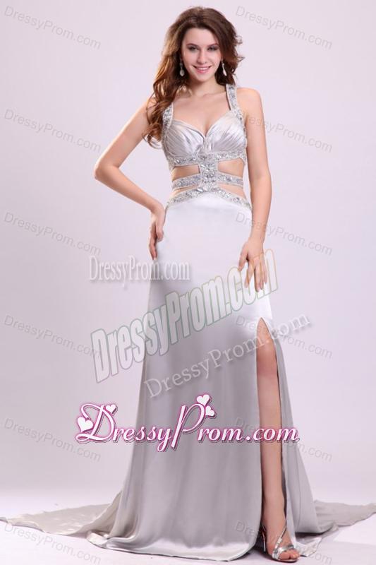 Column Straps Beading Ruching Satin High Slit Gray Prom Dress