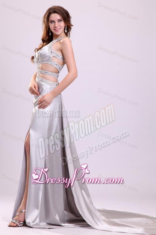 Column Straps Beading Ruching Satin High Slit Gray Prom Dress