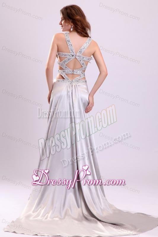 Column Straps Beading Ruching Satin High Slit Gray Prom Dress