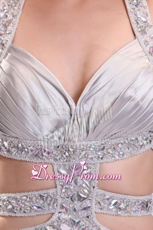 Column Straps Beading Ruching Satin High Slit Gray Prom Dress