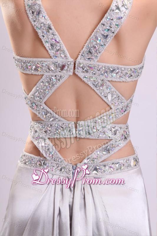 Column Straps Beading Ruching Satin High Slit Gray Prom Dress