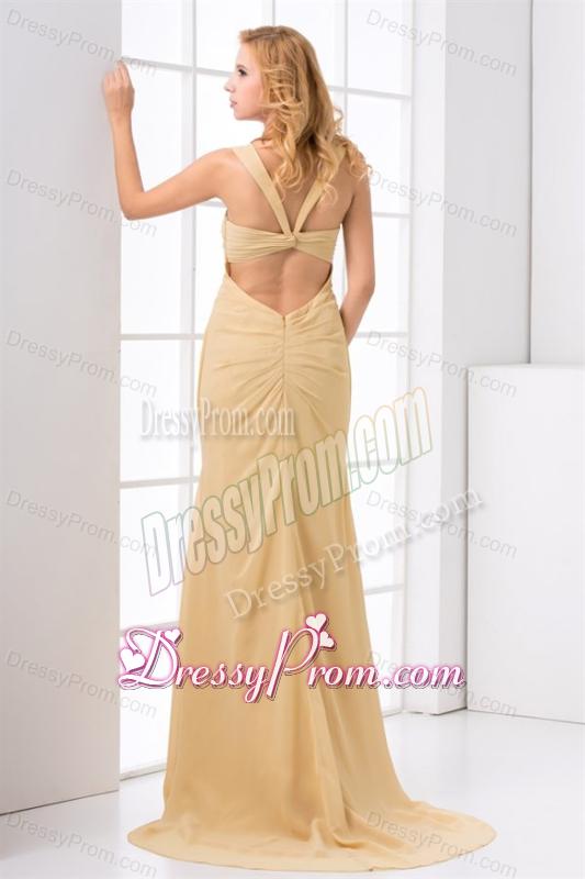 Column Straps Ruching Champagne Chiffon Brush Train Criss Cross Prom Dress