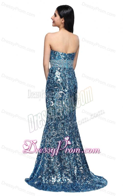 Column Sweetheart Blue Sequins High Slit Brush Train Prom Dress