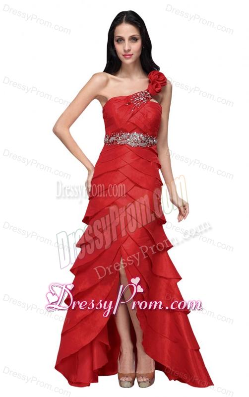 Column Wine Red Hand Made Flowers Strapless Beading Ruffled Layers Prom Dress