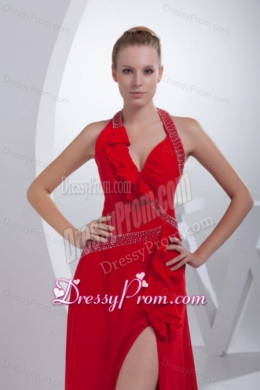 Empire Brush Train Red Beading Halter Chiffon 2014 Prom Dress