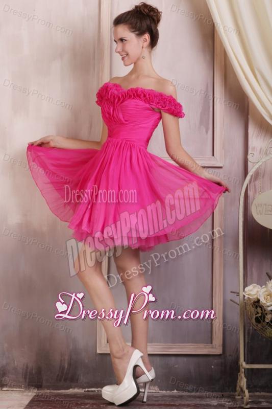 Hot Pink Short Mini-length Prom Dress with Off The Shoulder Flowers