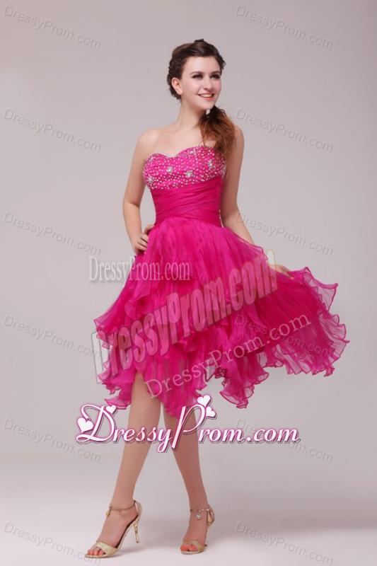 Hot Pink Sweetheart Beading and Ruffles Asymmetrical Prom Dress