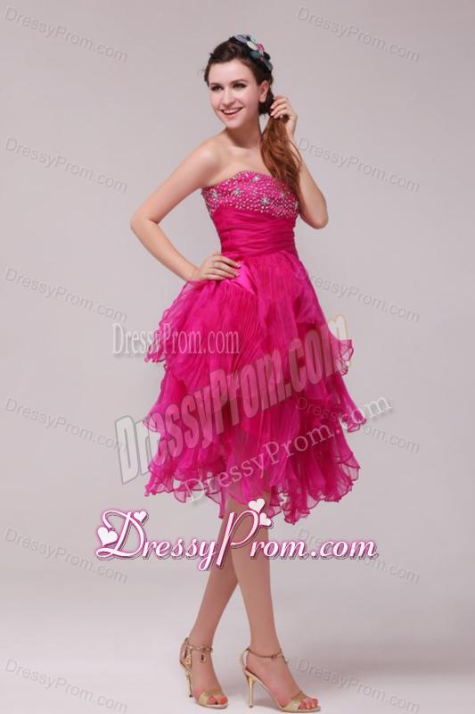 Hot Pink Sweetheart Beading and Ruffles Asymmetrical Prom Dress