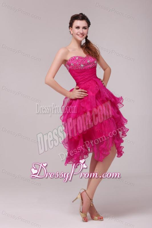 Hot Pink Sweetheart Beading and Ruffles Asymmetrical Prom Dress
