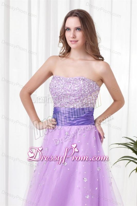 Lovely A-line Strapless Tulle Lilac Beading Prom Dress with Lace Up