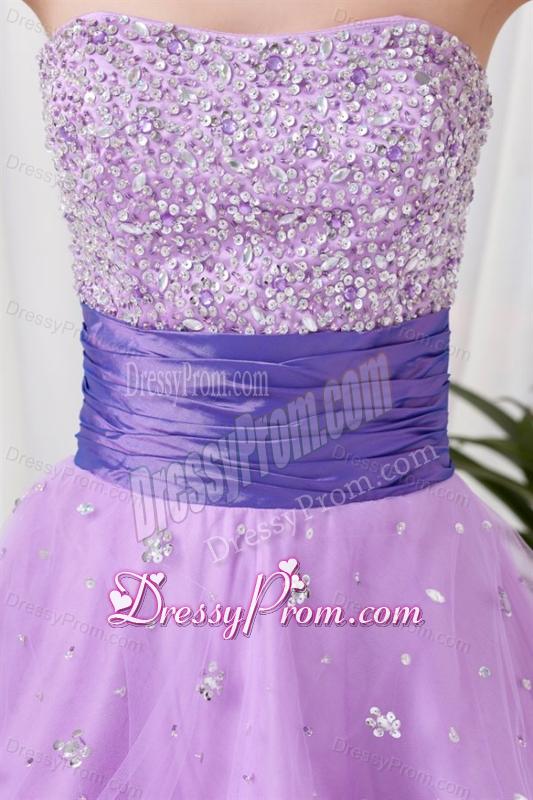 Lovely A-line Strapless Tulle Lilac Beading Prom Dress with Lace Up