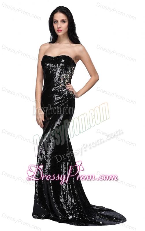 Mermaid Black Strapless Sequins Brush Train Prom Dress