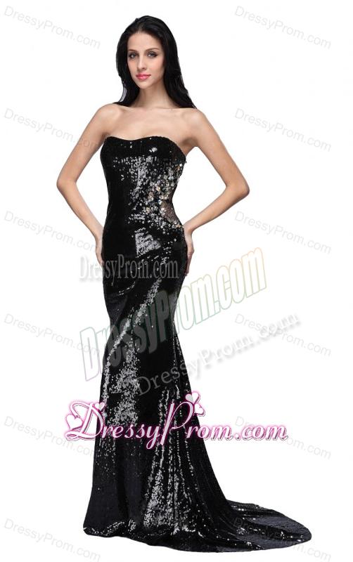 Mermaid Black Strapless Sequins Brush Train Prom Dress