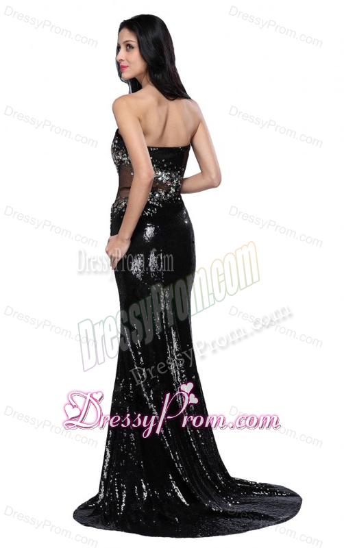 Mermaid Black Strapless Sequins Brush Train Prom Dress
