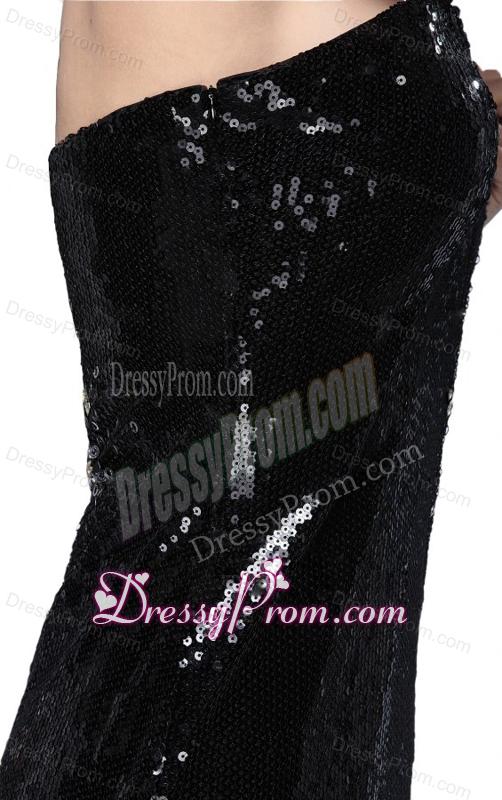 Mermaid Black Strapless Sequins Brush Train Prom Dress