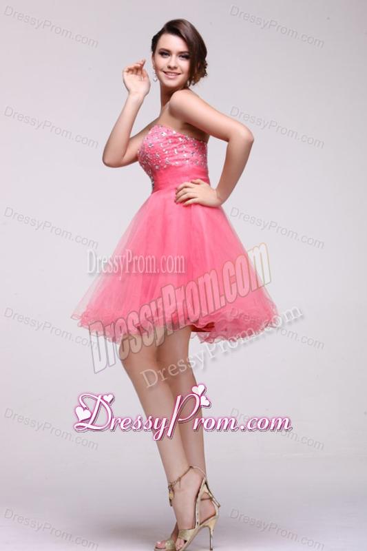 Pink Strapless Beaded Short Prom Dress with A-line