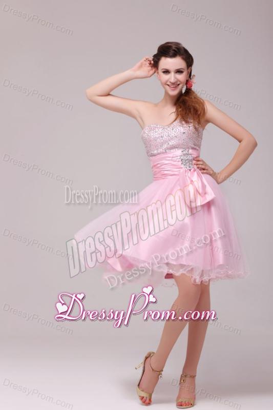 Princess Baby Pink Strapless Beading and Ruching Prom Dress