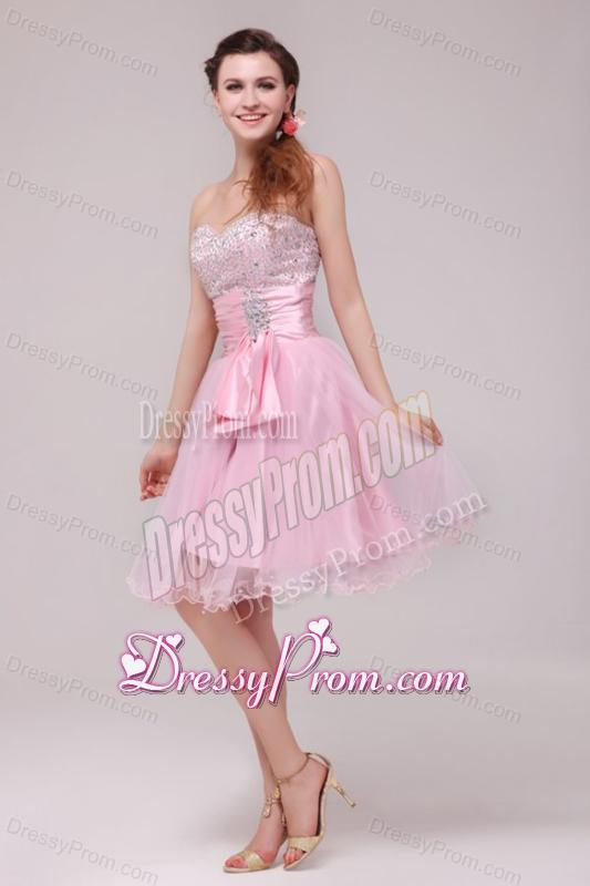 Princess Baby Pink Strapless Beading and Ruching Prom Dress