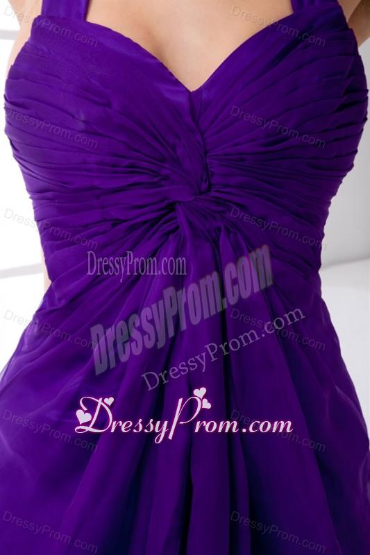 Purple Empire Straps Ruching Ankle-length Prom Dress with Criss Cross
