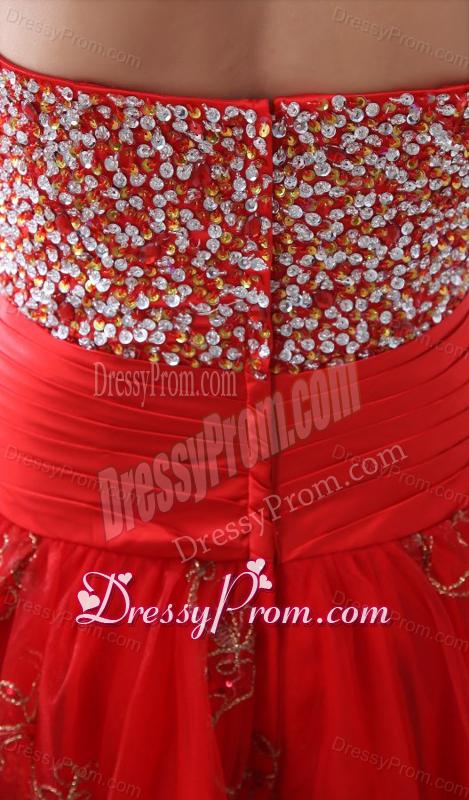Red A-line Sweetheart Knee-length Tulle Prom Dress with Beading and Hand Made Flowers