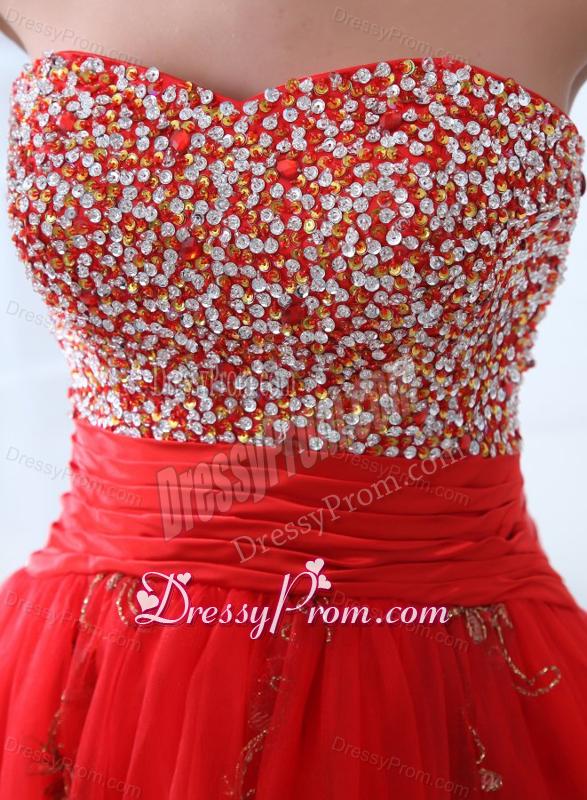 Red A-line Sweetheart Knee-length Tulle Prom Dress with Beading and Hand Made Flowers
