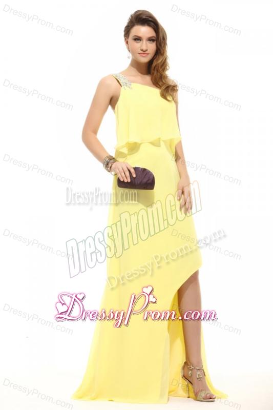 Simple Column Light Yellow One Shoulder Beading High-low Chiffon Prom Dress