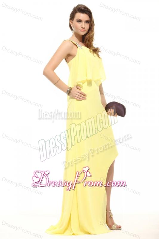Simple Column Light Yellow One Shoulder Beading High-low Chiffon Prom Dress