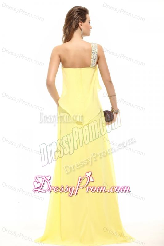 Simple Column Light Yellow One Shoulder Beading High-low Chiffon Prom Dress