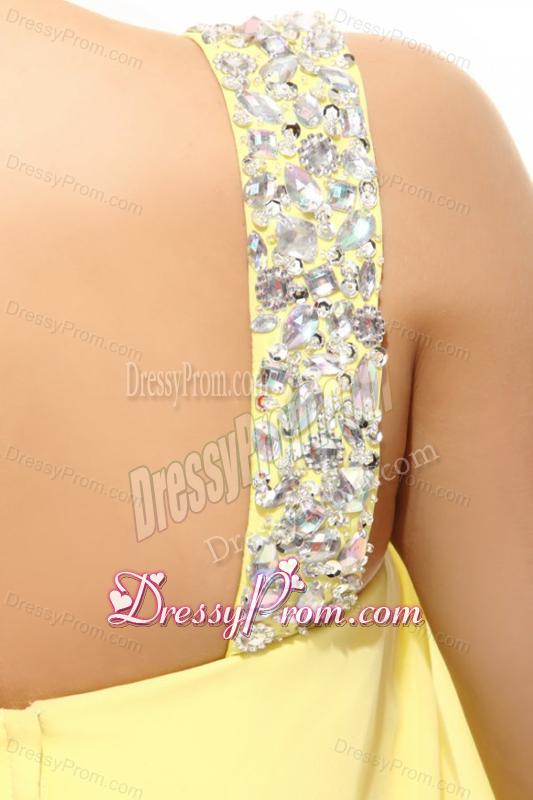 Simple Column Light Yellow One Shoulder Beading High-low Chiffon Prom Dress