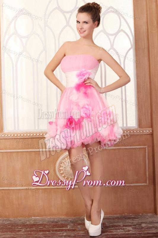 Strapless Short Hand Made Flowers Mini-length Pink Prom Dress