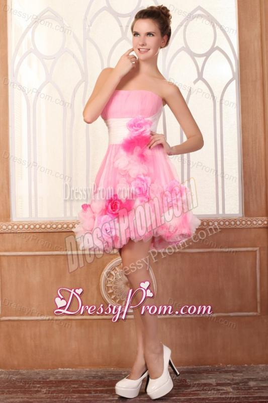 Strapless Short Hand Made Flowers Mini-length Pink Prom Dress
