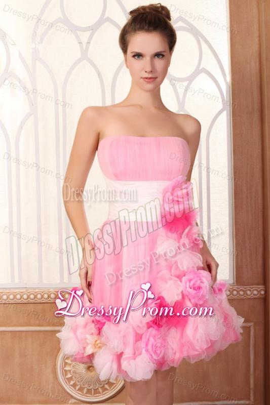 Strapless Short Hand Made Flowers Mini-length Pink Prom Dress