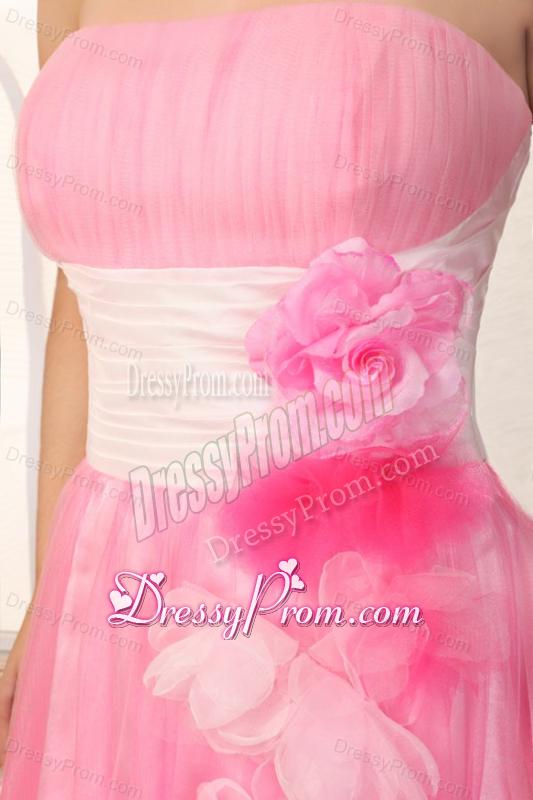 Strapless Short Hand Made Flowers Mini-length Pink Prom Dress