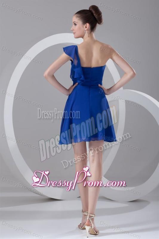 A-line One Shoulder Blue Chiffon Mini-length Ruching Prom Dress