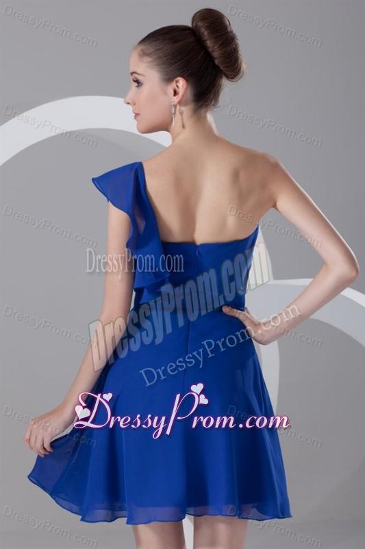 A-line One Shoulder Blue Chiffon Mini-length Ruching Prom Dress