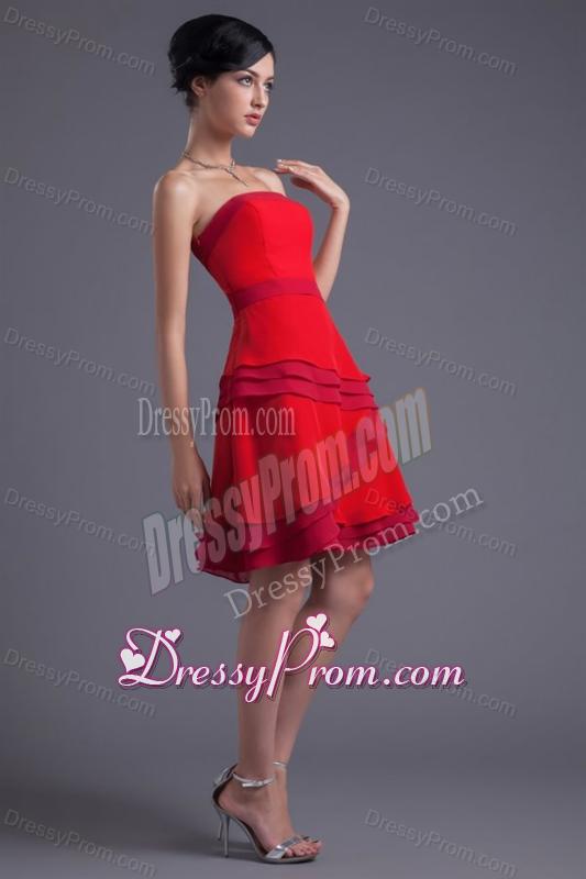 A-line Red Strapless Mini-length Chiffon Ruching Prom Dress