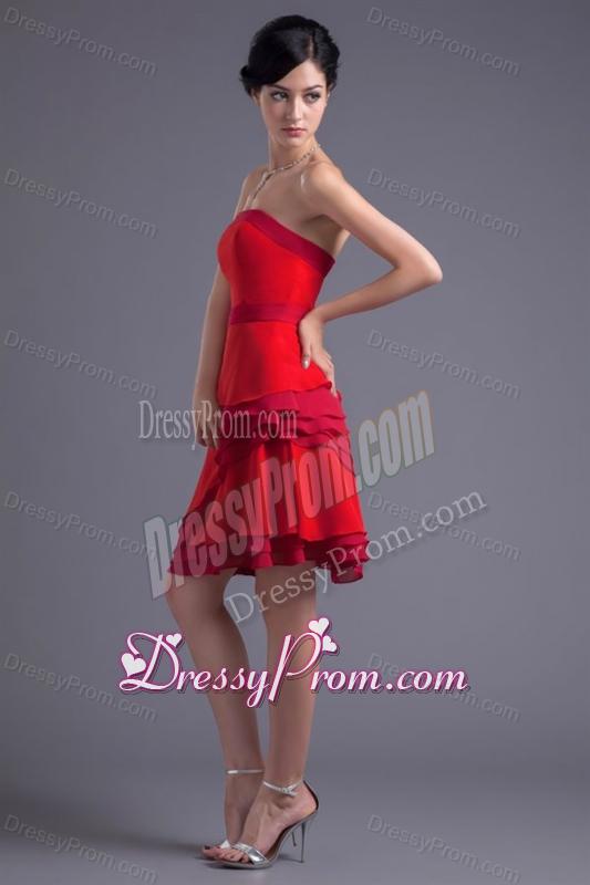 A-line Red Strapless Mini-length Chiffon Ruching Prom Dress
