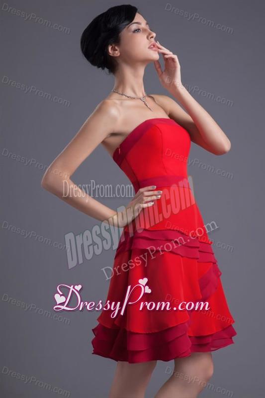 A-line Red Strapless Mini-length Chiffon Ruching Prom Dress