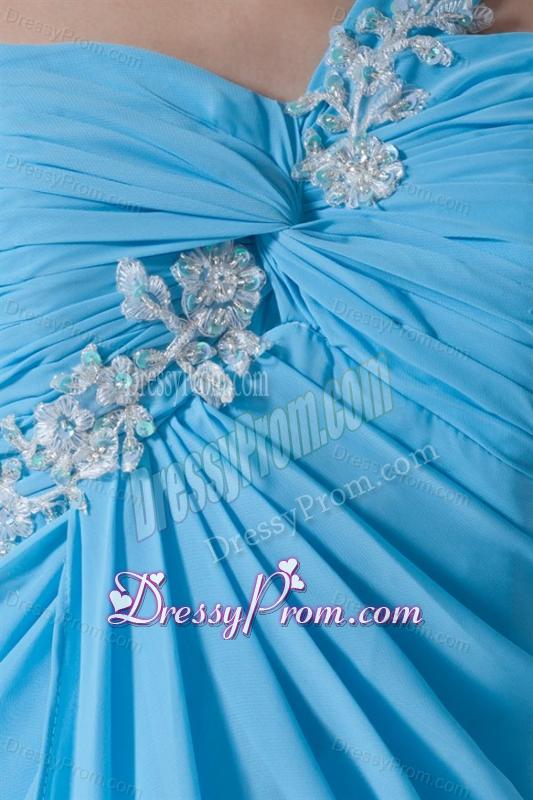Aqua Blue Empire One Shoulder Appliques Chiffon Prom Dress with Criss Cross