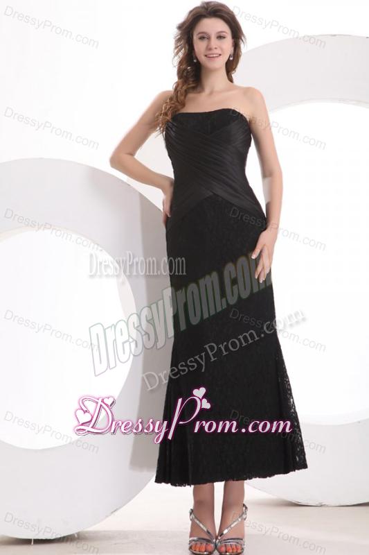 Black Column Strapless Ankle-length Lace Prom Dress with Ruching