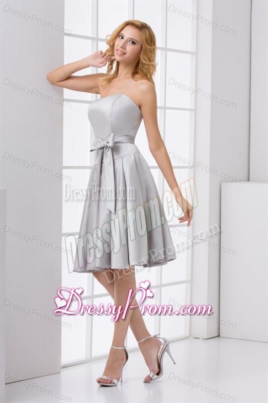 Cheap A-line Strapless Grey Mini-length Prom Dress with Bowknot