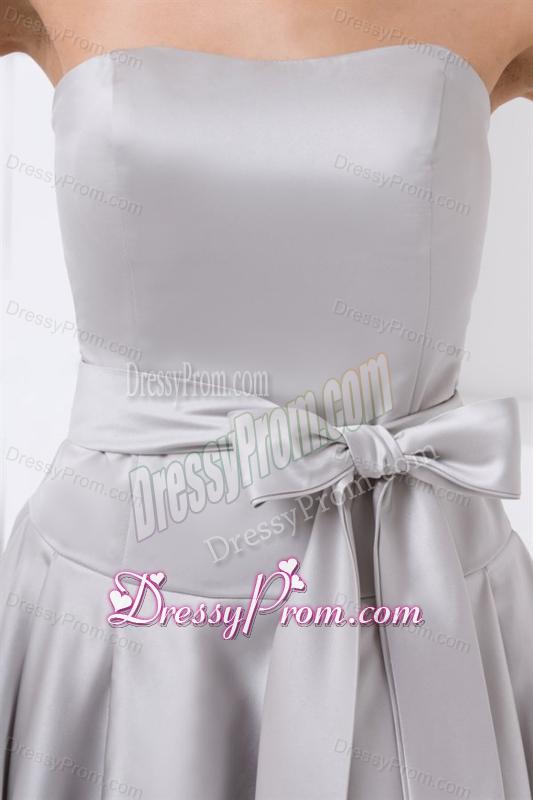 Cheap A-line Strapless Grey Mini-length Prom Dress with Bowknot