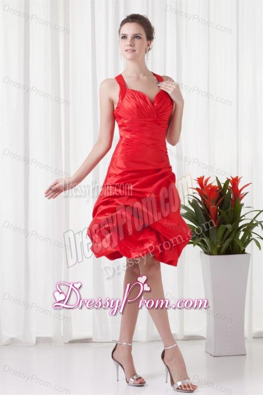 Cheap A-line Straps Knee-length Pick-ups Criss Cross Red Prom Dress