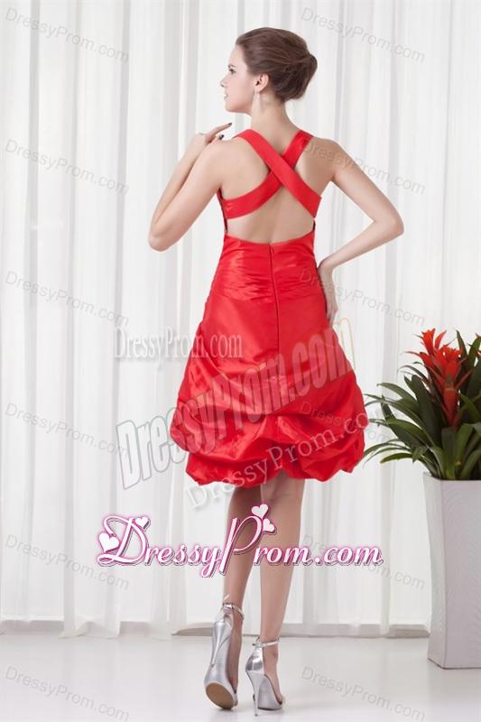 Cheap A-line Straps Knee-length Pick-ups Criss Cross Red Prom Dress