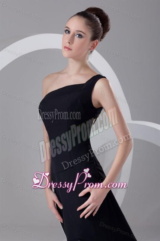Column One Shoulder Black Ruching Prom Dress with Brush Train