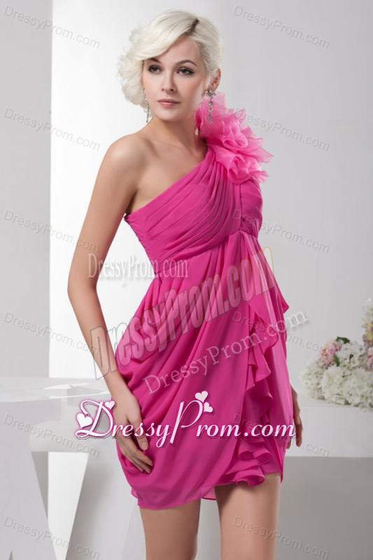 Empire One Shoulder Empire Hot Pink Chiffon Mini-length Prom Dress